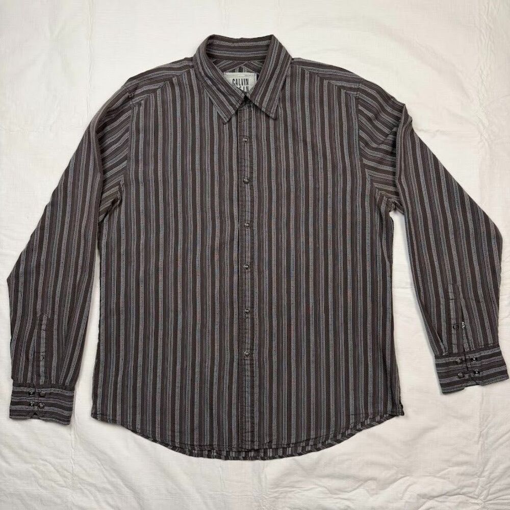 Calvin Klein Mens Western Style Brown Striped Shirt w Marbled Snaps, Large